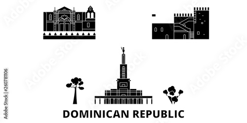 Dominican Republic flat travel skyline set. Dominican Republic black city vector panorama, illustration, travel sights, landmarks, streets.