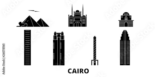 Egypt, Cairo flat travel skyline set. Egypt, Cairo black city vector panorama, illustration, travel sights, landmarks, streets.