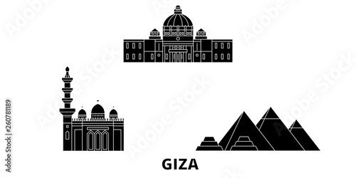 Egypt, Giza flat travel skyline set. Egypt, Giza black city vector panorama, illustration, travel sights, landmarks, streets.