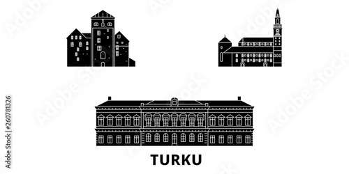 Finland, Turku flat travel skyline set. Finland, Turku black city vector panorama, illustration, travel sights, landmarks, streets.