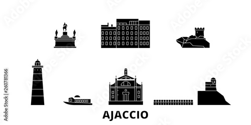 France, Ajaccio flat travel skyline set. France, Ajaccio black city vector panorama, illustration, travel sights, landmarks, streets.