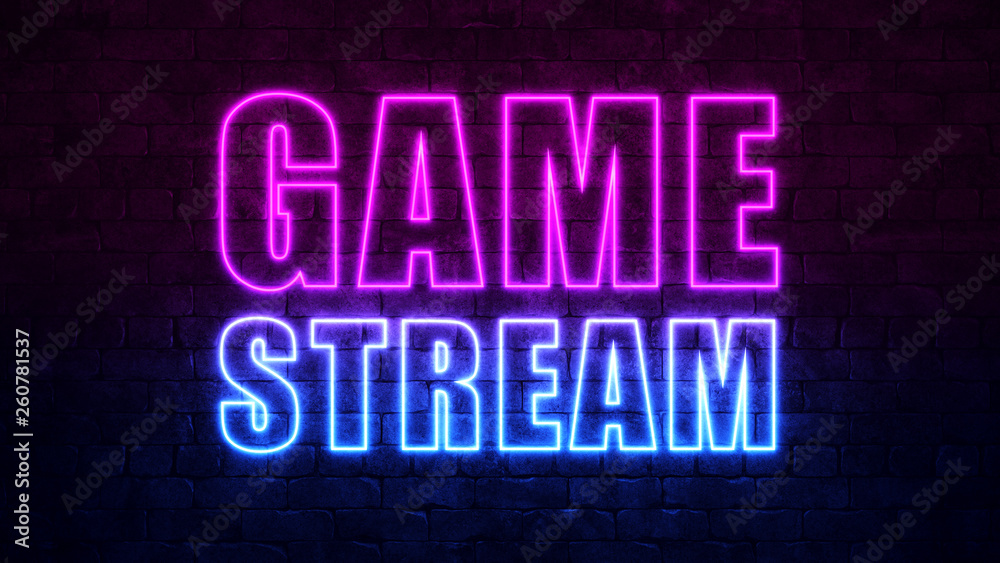 Game Stream background. Purple and Blue Neon inscription on a dark brick wall. Professional gaming stream banner design. Streaming standby screen. 3d illustration