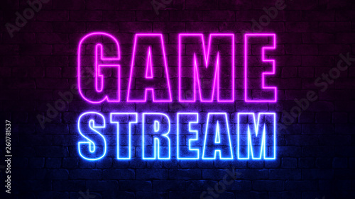 Game Stream background. Purple and Blue Neon inscription on a dark brick wall. Professional gaming stream banner design. Streaming standby screen. 3d illustration