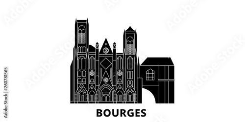 France, Bourges flat travel skyline set. France, Bourges black city vector panorama, illustration, travel sights, landmarks, streets.