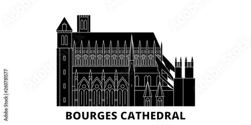 France, Bourges Cathedral Landmark flat travel skyline set. France, Bourges Cathedral Landmark black city vector panorama, illustration, travel sights, landmarks, streets.