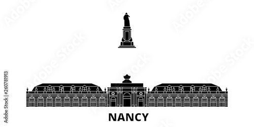 France, Nancy Landmark flat travel skyline set. France, Nancy Landmark black city vector panorama, illustration, travel sights, landmarks, streets.