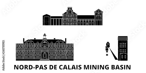 France, Nord Pas De Calais Mining Basin  flat travel skyline set. France, Nord Pas De Calais Mining Basin  black city vector panorama, illustration, travel sights, landmarks, streets. photo