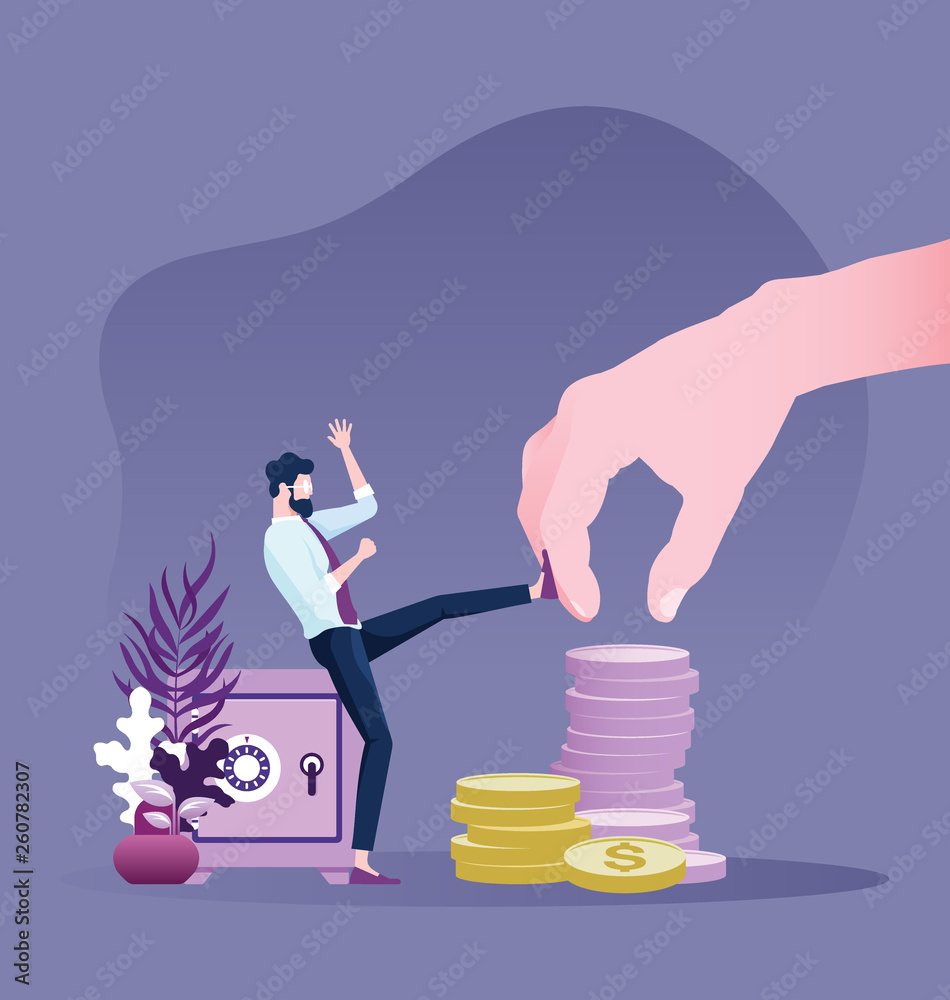 Businessman kick a huge hand trying to grab his profit Businessman kick a huge hand trying to grab his profit