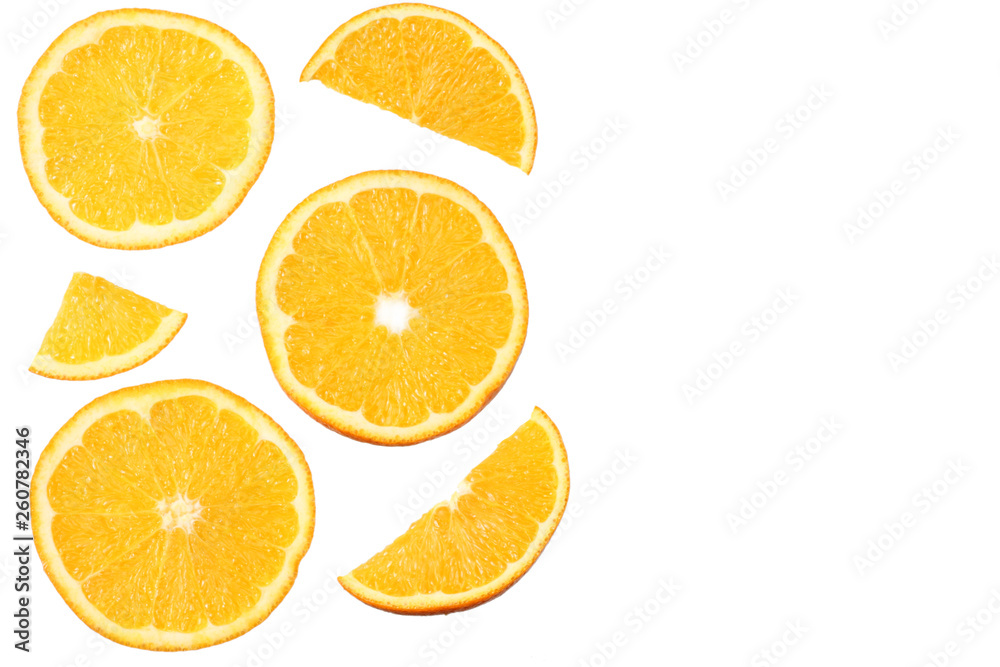 Fototapeta premium orange with slices isolated on white background. healthy food. top view