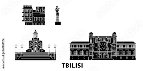 Georgia, Tbilisi flat travel skyline set. Georgia, Tbilisi black city vector panorama, illustration, travel sights, landmarks, streets.