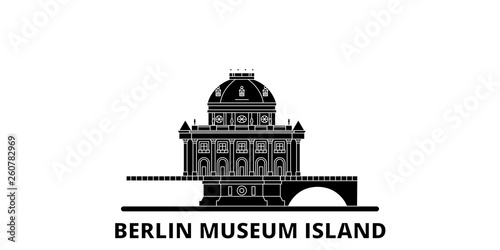 Germany, Berlin, Museum Island flat travel skyline set. Germany, Berlin, Museum Island black city vector panorama, illustration, travel sights, landmarks, streets.