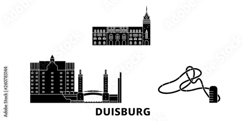 Germany, Duisburg flat travel skyline set. Germany, Duisburg black city vector panorama, illustration, travel sights, landmarks, streets.