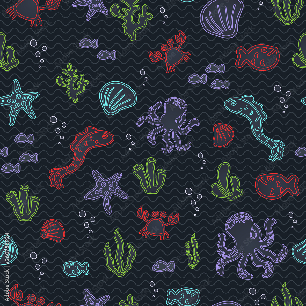 Sea world seamless vector pattern with starfish, moray eel, crabs and seaweed Sea world seamless vector pattern with starfish, moray eel, crabs and seaweed