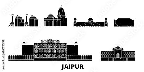 India, Jaipur flat travel skyline set. India, Jaipur black city vector panorama, illustration, travel sights, landmarks, streets.