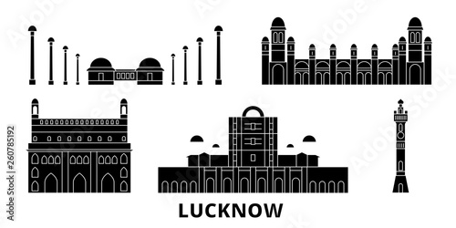 India, Lucknow flat travel skyline set. India, Lucknow black city vector panorama, illustration, travel sights, landmarks, streets.