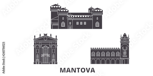 Italy, Mantova flat travel skyline set. Italy, Mantova black city vector panorama, illustration, travel sights, landmarks, streets.