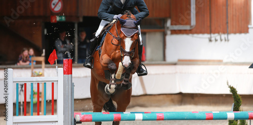 Horse in jumping tournament with rider, photographed in the flight phase over the obstacle..