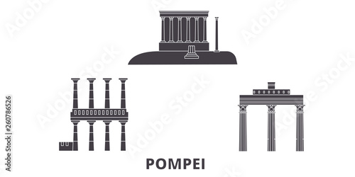Italy, Pompei flat travel skyline set. Italy, Pompei black city vector panorama, illustration, travel sights, landmarks, streets.