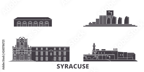 Italy, Syracuse flat travel skyline set. Italy, Syracuse black city vector panorama, illustration, travel sights, landmarks, streets.