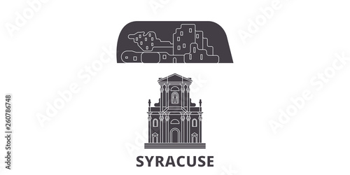 Italy, Syracuse City flat travel skyline set. Italy, Syracuse City black city vector panorama, illustration, travel sights, landmarks, streets.
