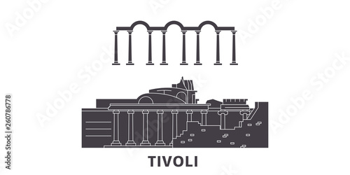 Italy, Tivoli, Villa Adriana flat travel skyline set. Italy, Tivoli, Villa Adriana black city vector panorama, illustration, travel sights, landmarks, streets.