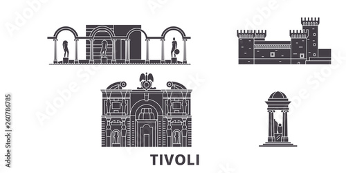 Italy, Tivoli flat travel skyline set. Italy, Tivoli black city vector panorama, illustration, travel sights, landmarks, streets.