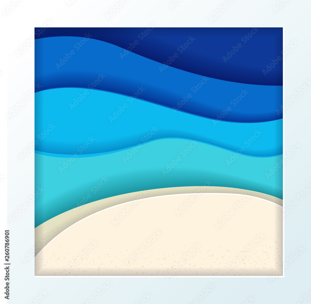 Obraz premium Abstract blue turquoise maldivian ocean and beach summer background with paper waves and textured seacoast. Tropical sea gradient paper wave and seacoast in white paper frame. Vector illustration