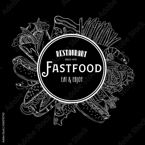 Fast food template frame and page design for menu design. Vector hand illustration with snacks, hamburger, fries, hot dog in old ink style on black backdround