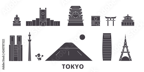 Japan, Tokyo flat travel skyline set. Japan, Tokyo black city vector panorama, illustration, travel sights, landmarks, streets.