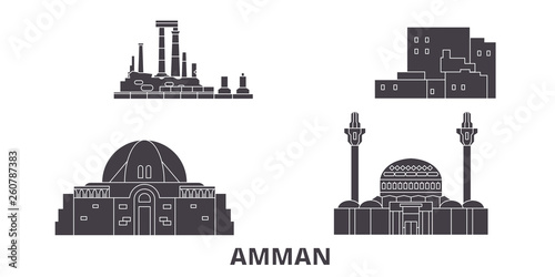 Jordan, Amman flat travel skyline set. Jordan, Amman black city vector panorama, illustration, travel sights, landmarks, streets.