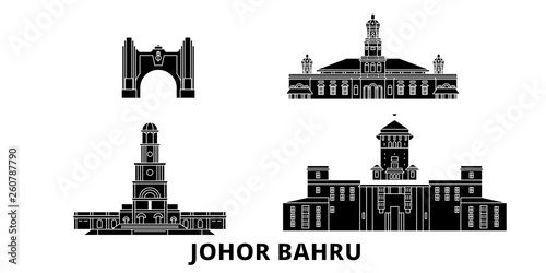 Malaysia, Johor Bahru flat travel skyline set. Malaysia, Johor Bahru black city vector panorama, illustration, travel sights, landmarks, streets. photo