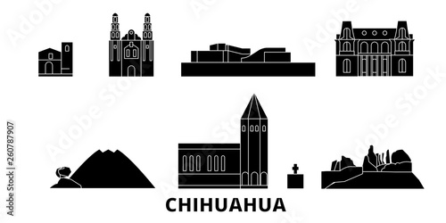 Mexico, Chihuahua flat travel skyline set. Mexico, Chihuahua black city vector panorama, illustration, travel sights, landmarks, streets.