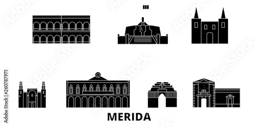 Mexico, Merida flat travel skyline set. Mexico, Merida black city vector panorama, illustration, travel sights, landmarks, streets.