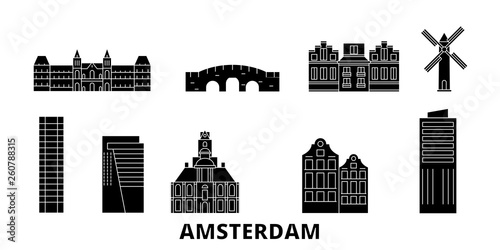 Netherlands, Amsterdam City flat travel skyline set. Netherlands, Amsterdam City black city vector panorama, illustration, travel sights, landmarks, streets.