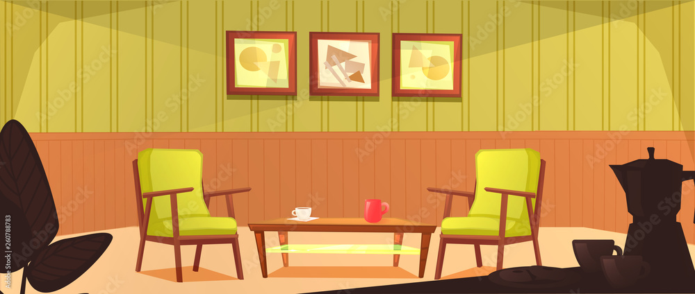 The interior of the cafeteria room. Retro design of the armchair and coffee table with mugs. Wooden furniture in a cafe. Vector cartoon illustration The interior of the cafeteria room. Retro design of the armchair and coffee table with mugs. Wooden furniture in a cafe. Vector cartoon illustration