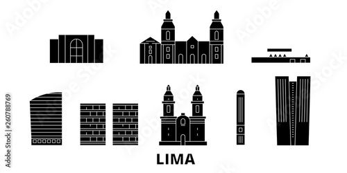 Peru, Lima flat travel skyline set. Peru, Lima black city vector panorama, illustration, travel sights, landmarks, streets.