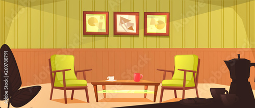 The interior of the cafeteria room. Retro design of the armchair and coffee table with mugs. Wooden furniture in a cafe. Vector cartoon illustration