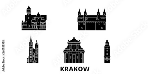 Poland, Krakow flat travel skyline set. Poland, Krakow black city vector panorama, illustration, travel sights, landmarks, streets. photo