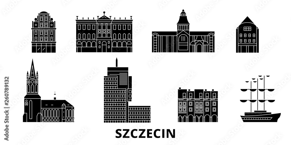 Poland, Szczecin flat travel skyline set. Poland, Szczecin black city vector panorama, illustration, travel sights, landmarks, streets. - obrazy, fototapety, plakaty 