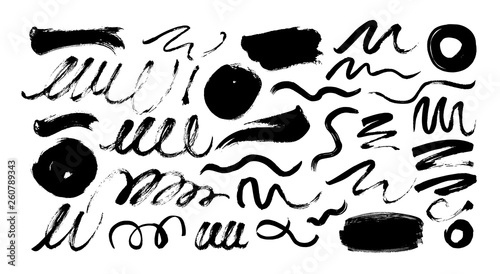 Black dry brushstrokes hand drawn set. Grunge smears collection with curled lines and circles.