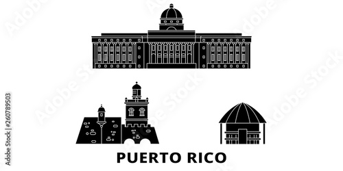 Puerto Rico flat travel skyline set. Puerto Rico black city vector panorama, illustration, travel sights, landmarks, streets.