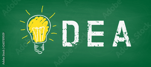 Idea written on green chalk board - light bulb concept