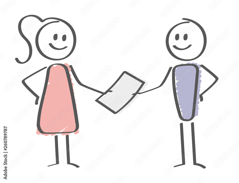 Stick Figure - woman handing paper to a man Stick Figure - woman handing paper to a man