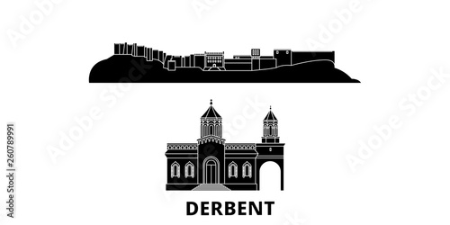 Russia, Derbent flat travel skyline set. Russia, Derbent black city vector panorama, illustration, travel sights, landmarks, streets.