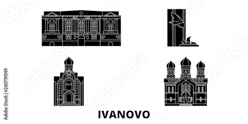 Russia, Ivanovo flat travel skyline set. Russia, Ivanovo black city vector panorama, illustration, travel sights, landmarks, streets.