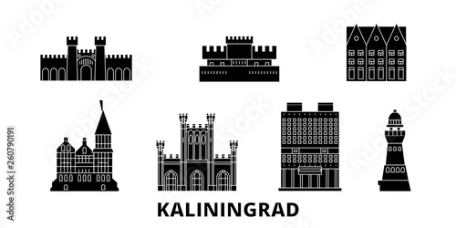 Russia, Kaliningrad flat travel skyline set. Russia, Kaliningrad black city vector panorama, illustration, travel sights, landmarks, streets.