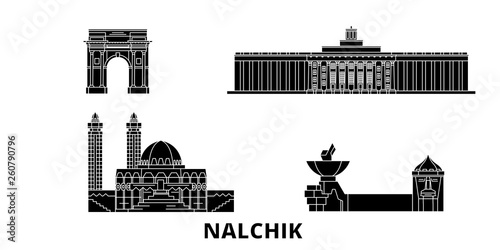 Russia, Nalchik flat travel skyline set. Russia, Nalchik black city vector panorama, illustration, travel sights, landmarks, streets.