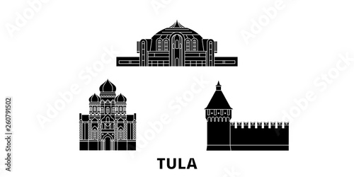 Russia, Tula flat travel skyline set. Russia, Tula black city vector panorama, illustration, travel sights, landmarks, streets.