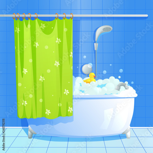 Relax bathroom interior with bath and soap foam bubbles. Vector cartoon iilustration