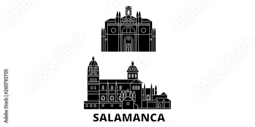 Spain, Salamanca flat travel skyline set. Spain, Salamanca black city vector panorama, illustration, travel sights, landmarks, streets.